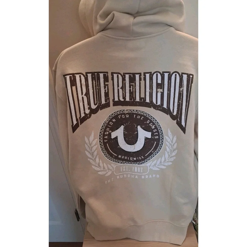 True Religion Men's L Beige Full Zip Hooded Hoodie w/ Pockets Logo Graphic